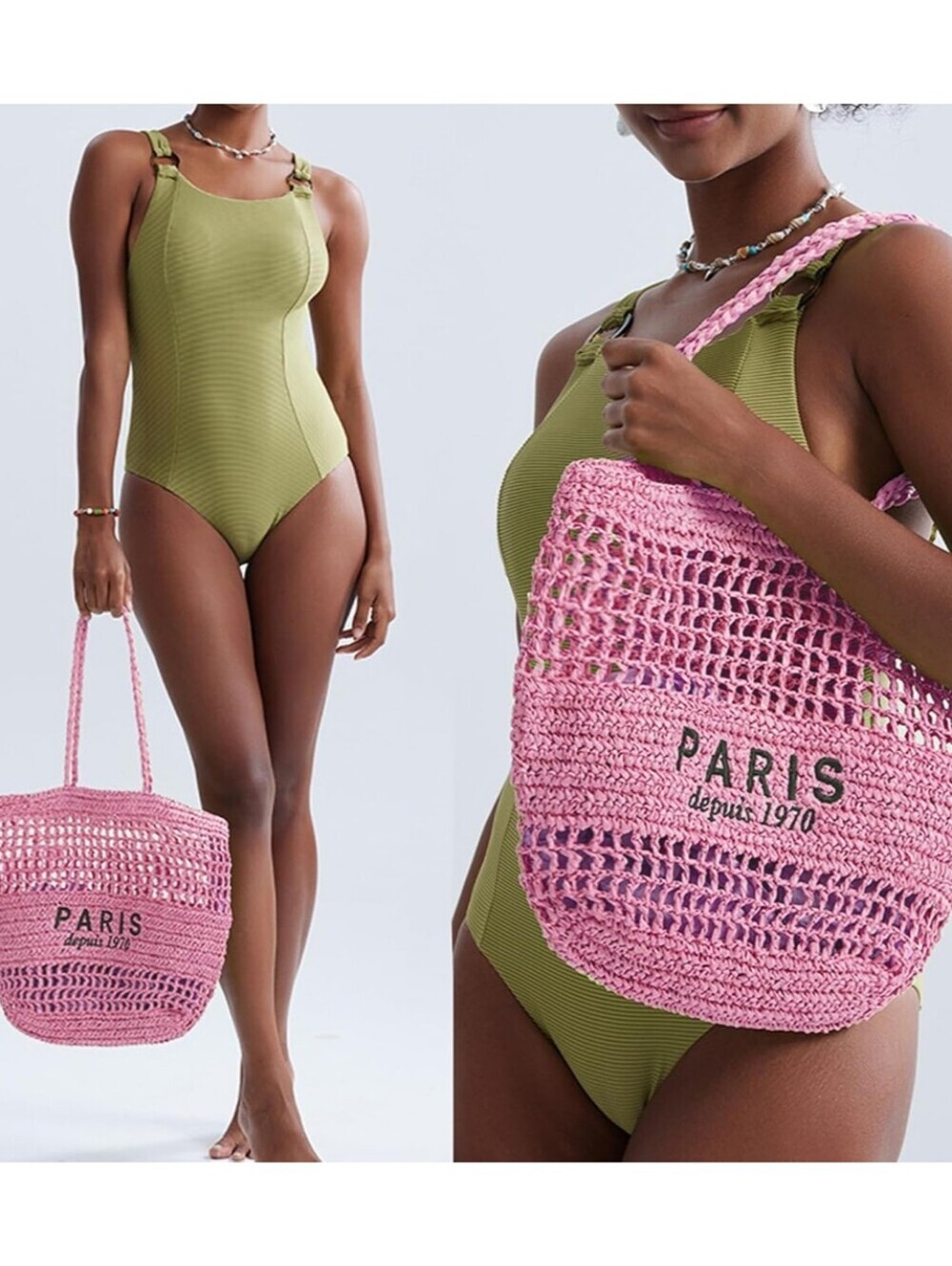 Olive Green Ribbed One-Piece Swimsuit